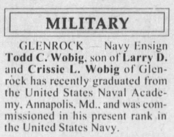 Todd D. Wobig commissioned in US Navy.